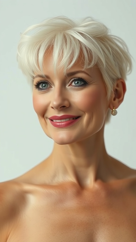 A woman with a bleached undercut and volumized bangs, showcasing a bold and edgy hairstyle.