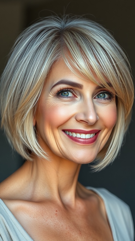 A woman with a blended ash blonde bob hairstyle, smiling confidently.