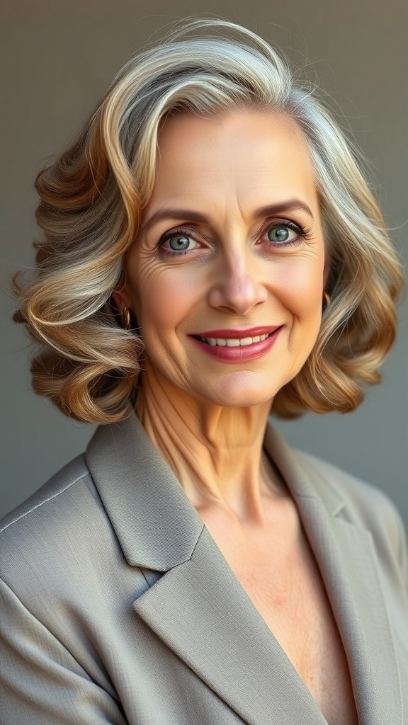 A woman with shoulder-length curls and a blended fringe, smiling confidently.