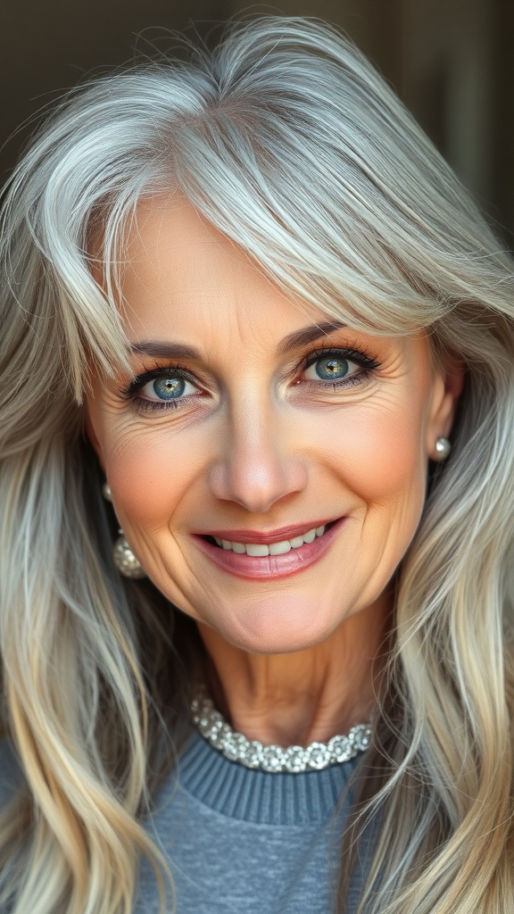A woman with long silver hair and blonde highlights, smiling confidently.