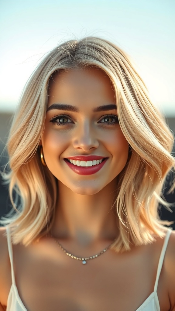 A woman with medium-length blonde layered hair styled with balayage, smiling brightly.