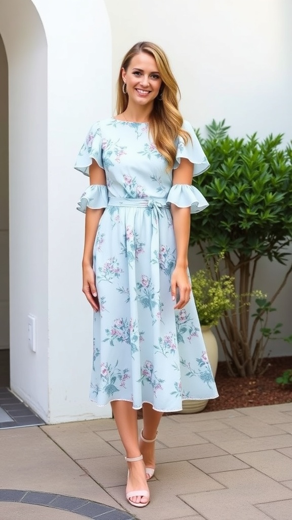 A woman wearing a blue floral garden party dress with flutter sleeves, standing outdoors.