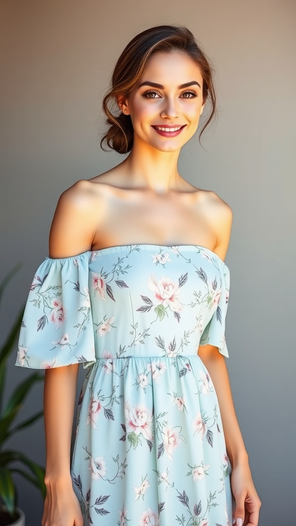 A woman wearing a blue off-shoulder midi dress with floral print, smiling at the camera.