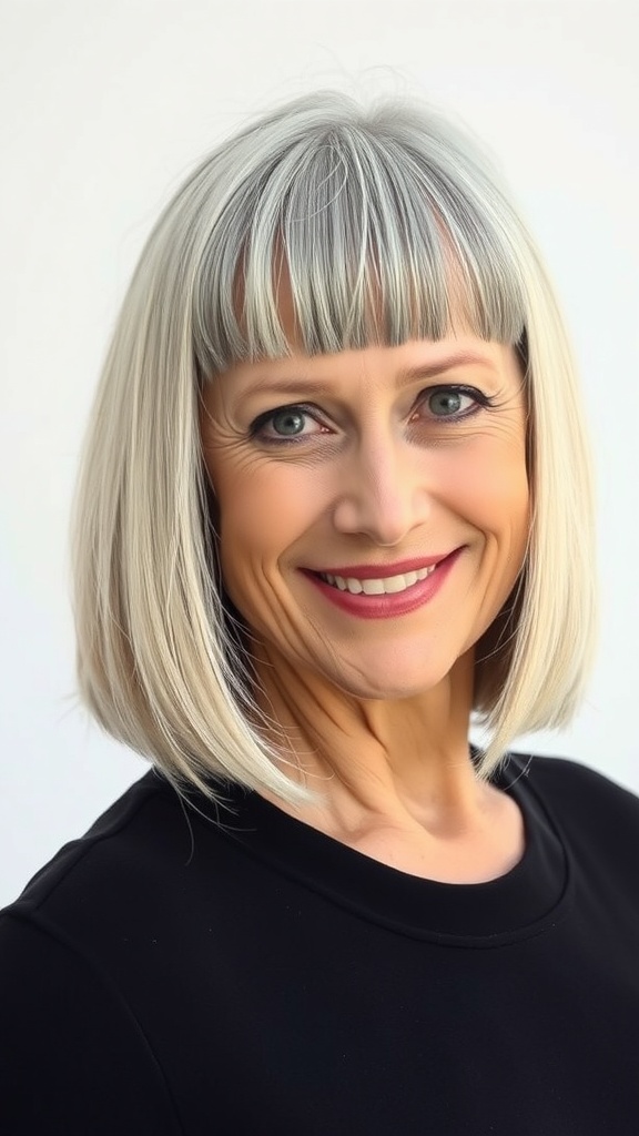 A woman with a silver long bob and blunt bangs, smiling confidently.