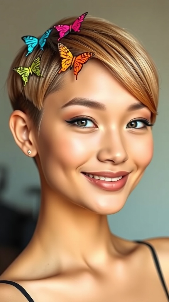 A person with a blunt bob hairstyle adorned with colorful butterfly clips.