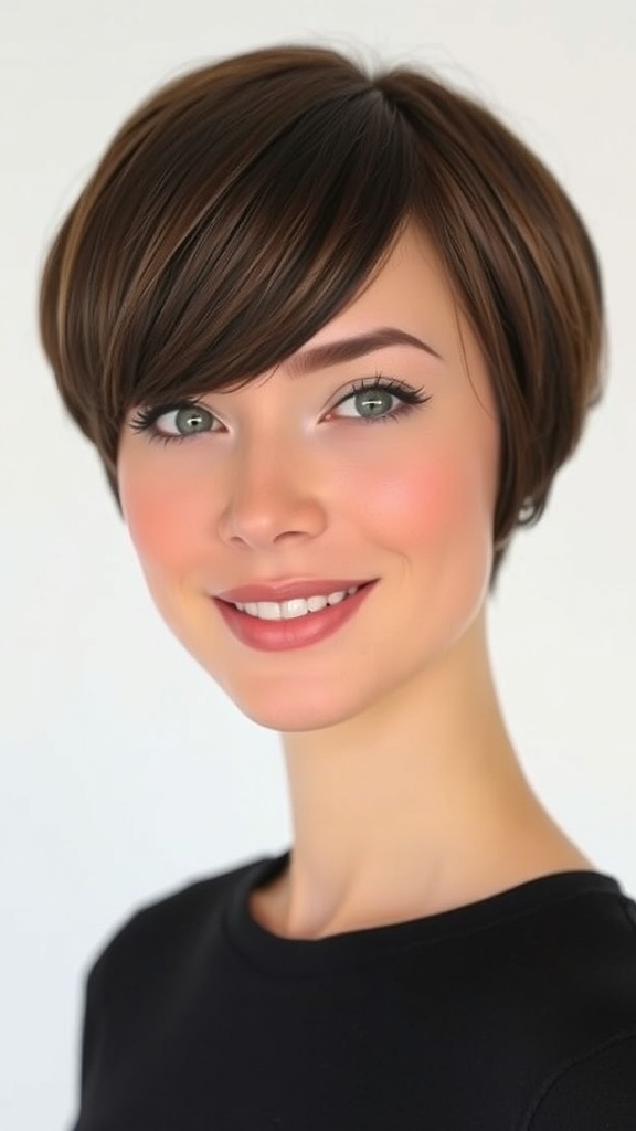 A woman with a blunt bob haircut and deep side part, smiling confidently.