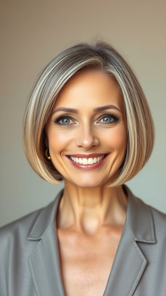 A woman with a blunt bob hairstyle, smiling confidently.
