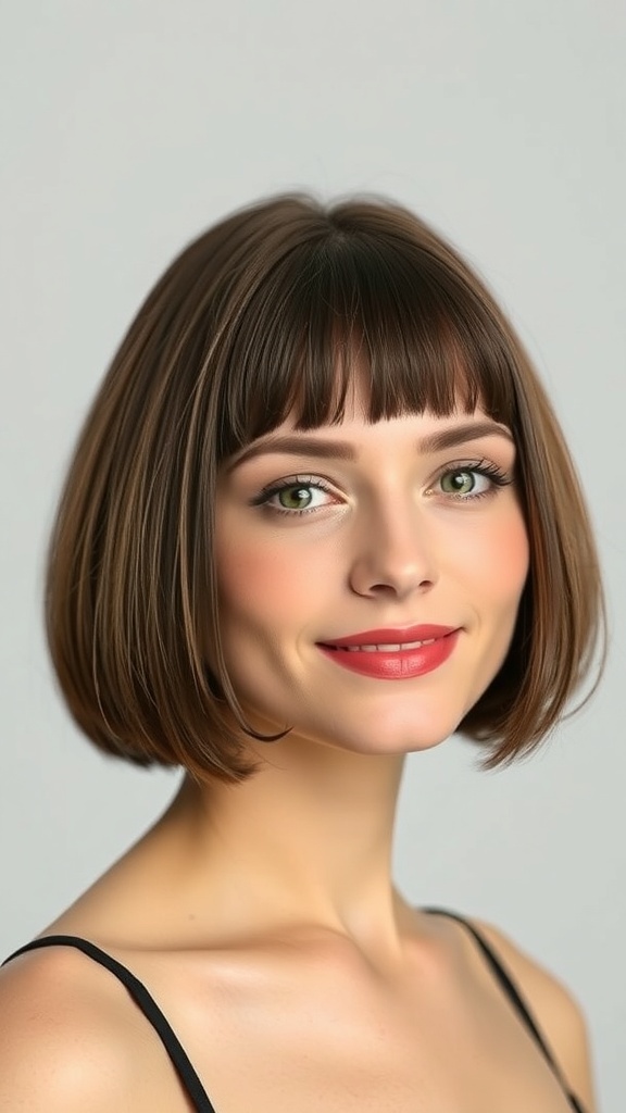 A woman with a blunt brown bob and curtain bangs, smiling at the camera.