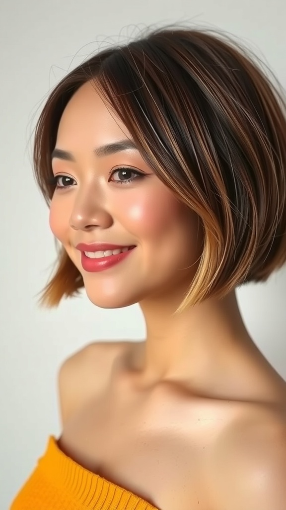 A woman with a chin-length blunt cut bob hairstyle featuring baby lights, smiling and wearing an orange off-shoulder top.