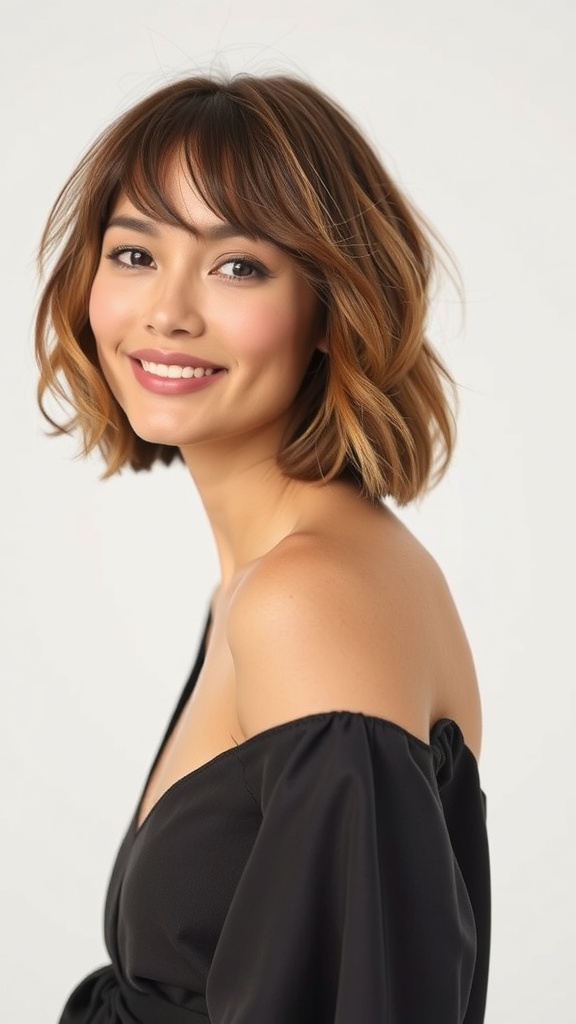 A woman with a chin-length blunt cut bob hairstyle featuring soft waves and bangs, smiling at the camera.