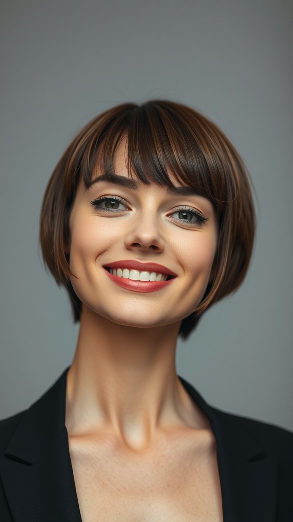 A woman with a blunt midneck haircut and shattered fringe, smiling and looking stylish.