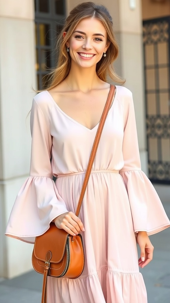 A woman wearing a blush bell-sleeve midi dress, smiling and holding a brown handbag.