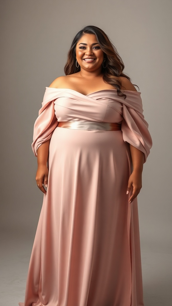 A woman smiling in a blush off-shoulder gown with draped sleeves, showcasing elegance and style.