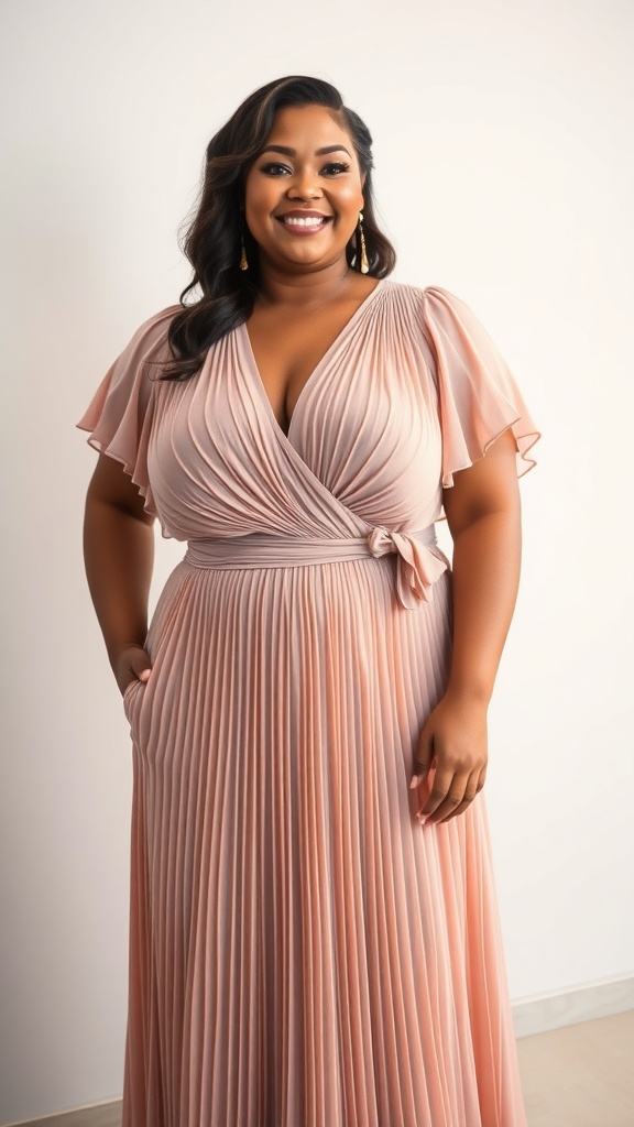 A woman wearing a blush pink pleated chiffon gown with flutter sleeves, smiling confidently.