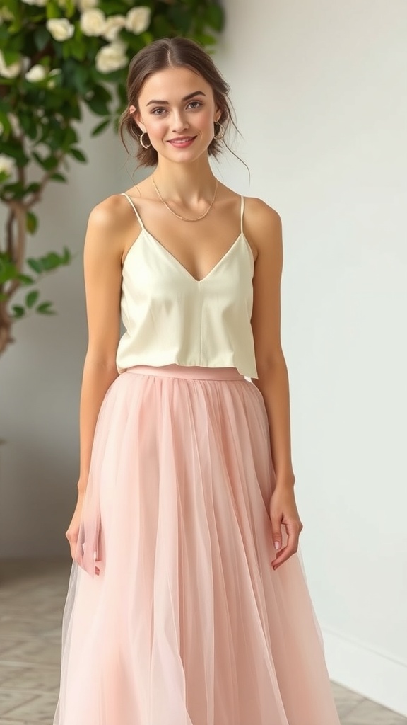 A woman wearing a blush tulle skirt and a silk cami top, smiling in a bright setting.