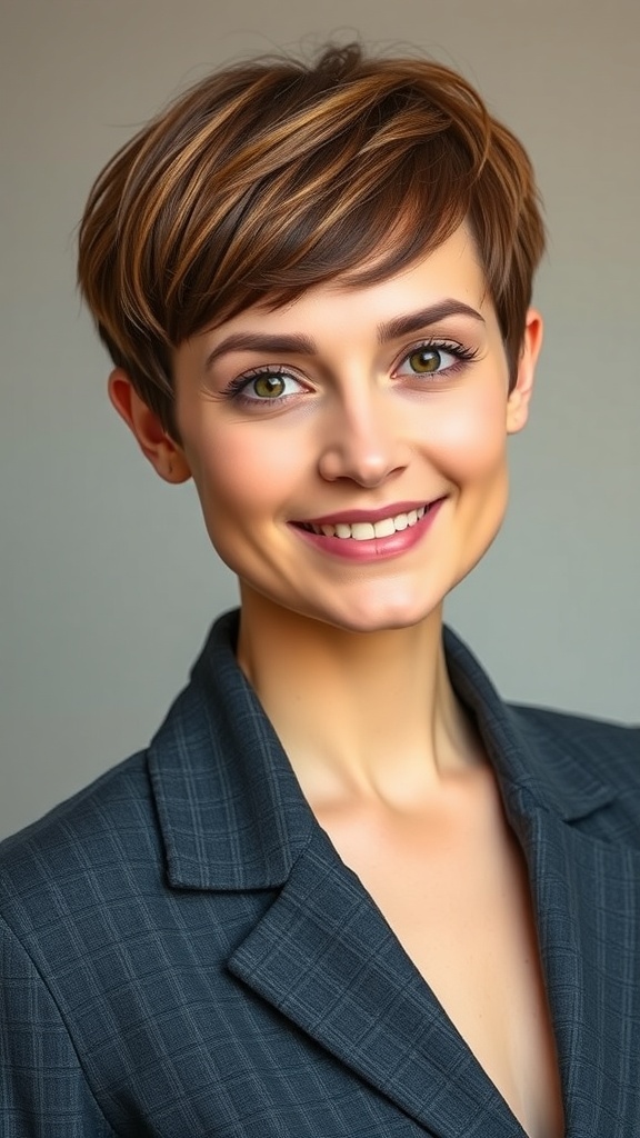 A woman with a bob cut featuring light waves and a middle part, smiling confidently.