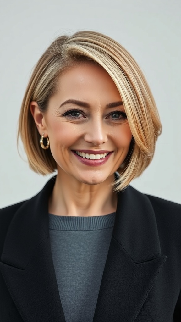 A woman with a stylish bob hairstyle featuring face-framing highlights, smiling confidently.