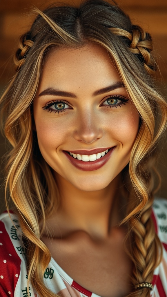 A young woman with boho braids and a middle part, smiling brightly.