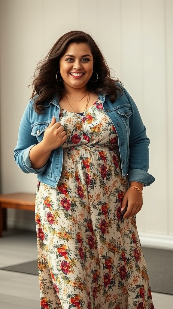A smiling woman wearing a floral boho midi dress and denim jacket, accessorized with layered jewelry.