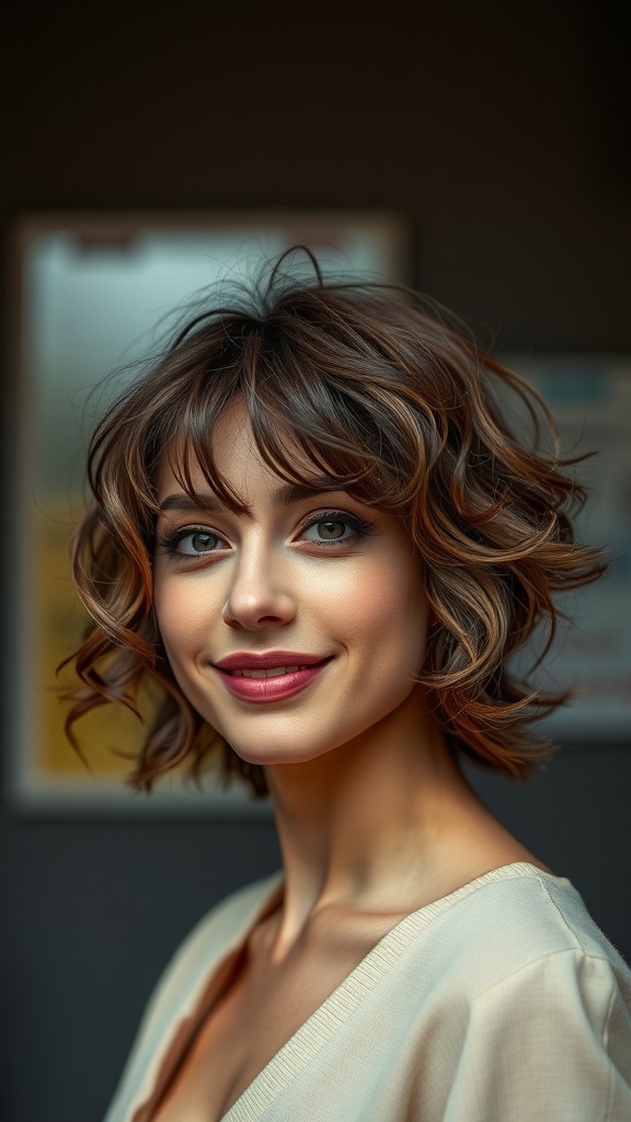 A woman with a boho shag hairstyle featuring airy bangs and uneven layers, showcasing a modern take on 70s hairstyles.
