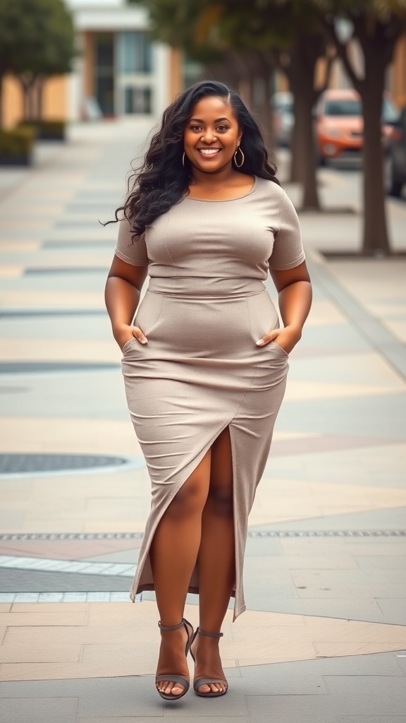 A woman wearing a stylish co-ord set with a side slit skirt, showcasing a confident and elegant look.