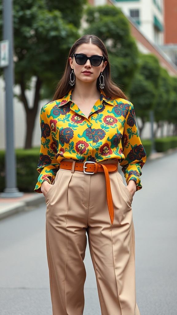 A model wearing a bold print blouse and high-waisted trousers, showcasing a vibrant floral design.
