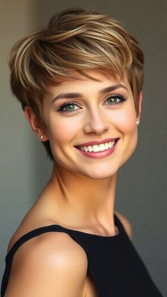 A woman with a stylish short haircut featuring graduated layers and a bright smile.