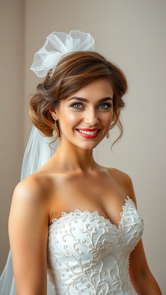 A bride with bouffant hair and a half-up veil, showcasing a timeless bridal look.