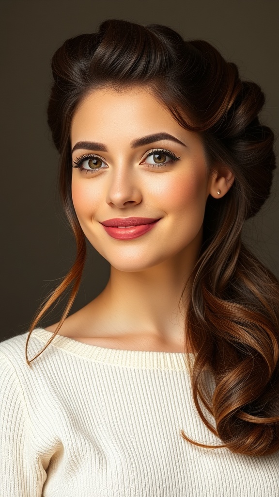 A woman with a bouffant half-up hairstyle, showcasing volume and soft waves.