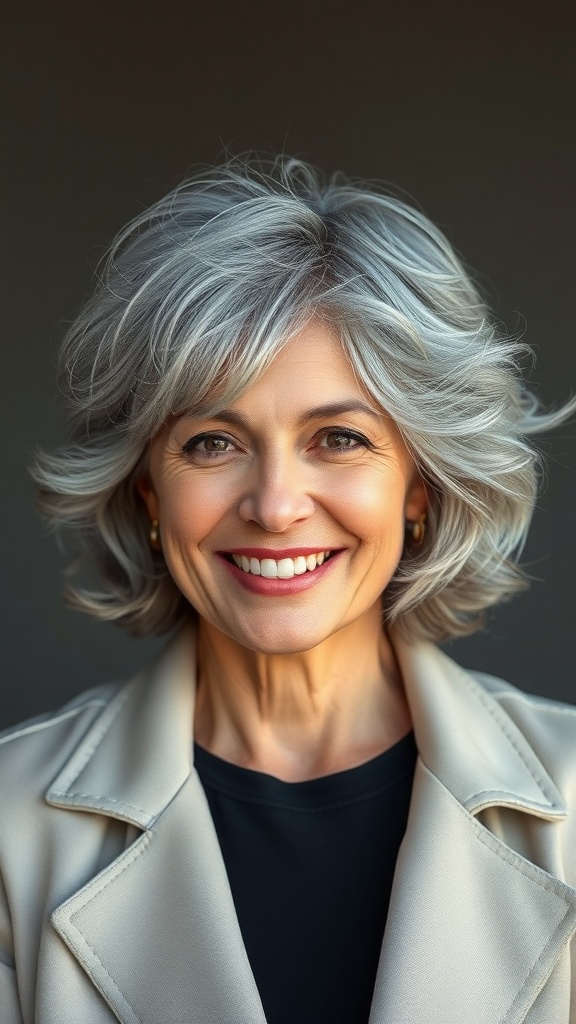 A woman with a bouncy grey bob hairstyle, smiling and wearing a light-colored coat.