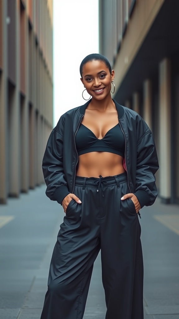 A woman wearing a black bra top, bomber jacket, and wide-leg pants, smiling confidently in an urban setting.