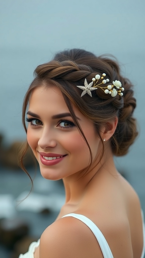A woman with a braided bun hairstyle adorned with a sea-inspired comb, smiling at the beach.