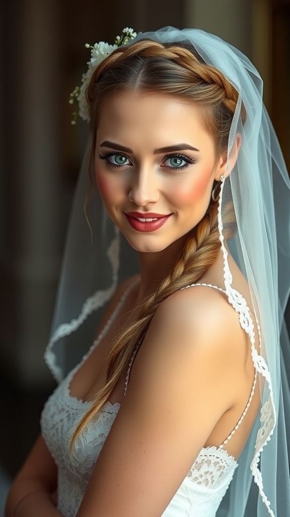 Bride with braided crown hairstyle and lace veil, showcasing a vintage bridal look.