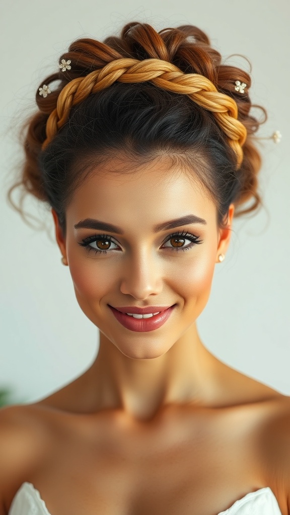 A woman with a braided crown updo hairstyle, featuring soft curls and bridal hair accessories.