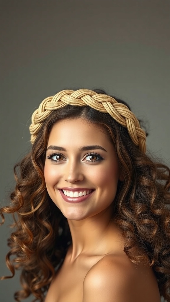A woman with a braided crown and loose natural curls, smiling and showcasing a glamorous wedding hairstyle.