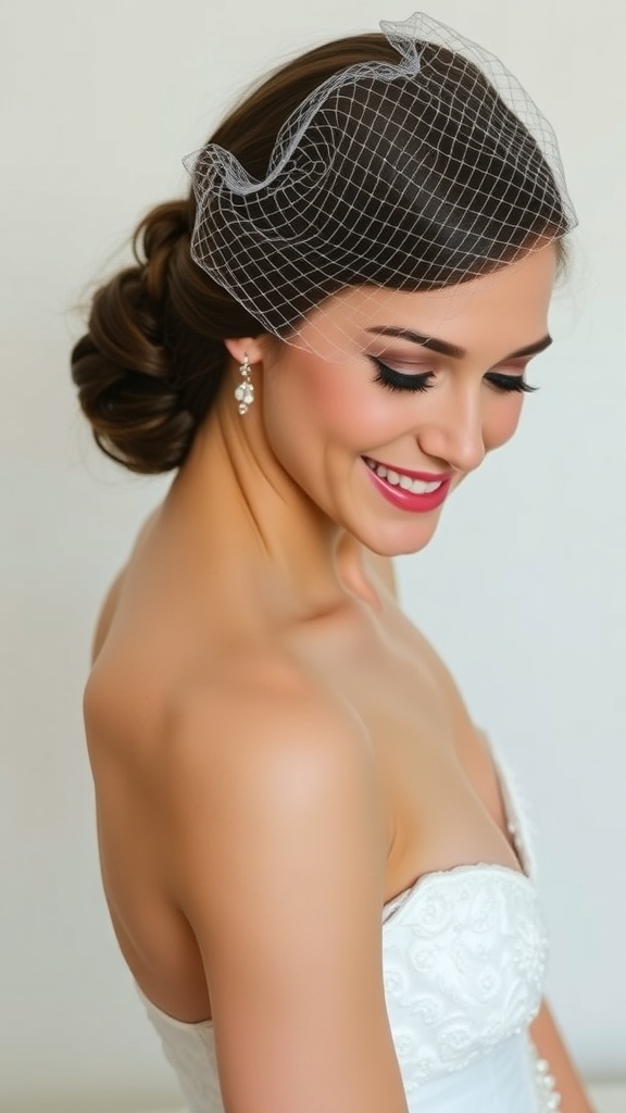 A bride with a braided low bun hairstyle and a minimal veil, smiling gracefully.