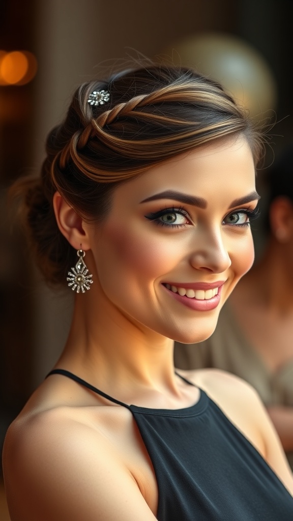 A woman with a braided low bun hairstyle adorned with a sparkling hair accessory, smiling confidently.