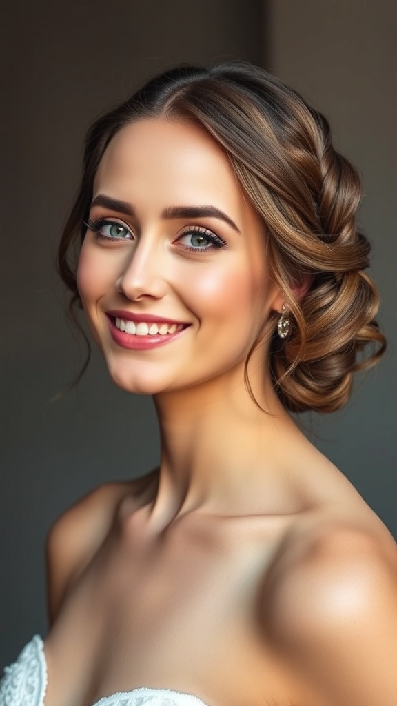 Bride with a braided low bun hairstyle, showcasing elegance and beauty.