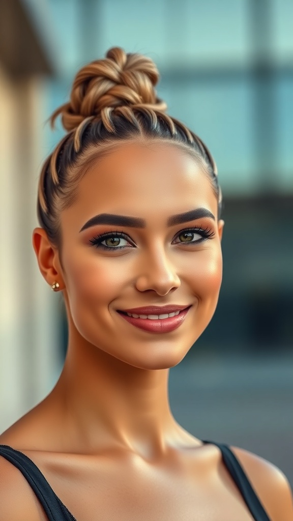 A woman with a braided ponytail hairstyle and sleek edges, smiling at the camera.