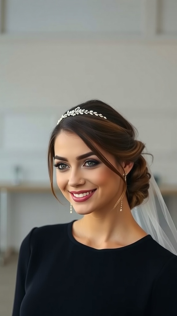 A woman with a braided twist bun hairstyle, wearing a simple veil and elegant accessories.