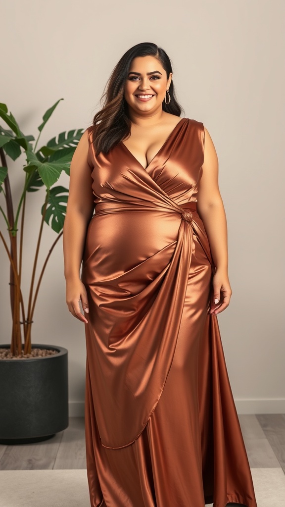 A woman wearing a bronze crossover gown with a draped front, smiling confidently.