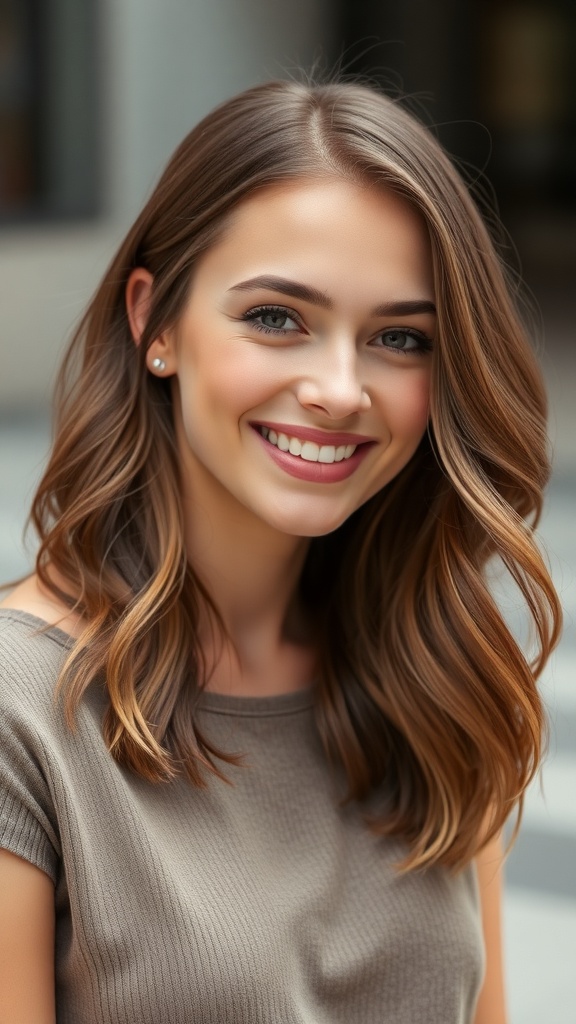 A woman with layered brown hair, smiling, showcasing natural texture and movement.