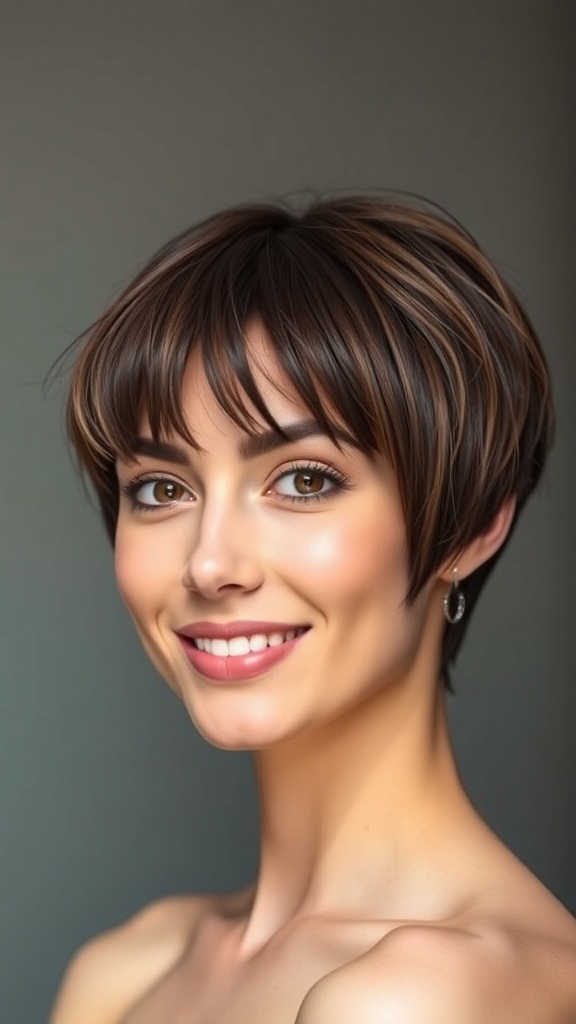 Brunette woman with a crop cut and choppy bangs, smiling