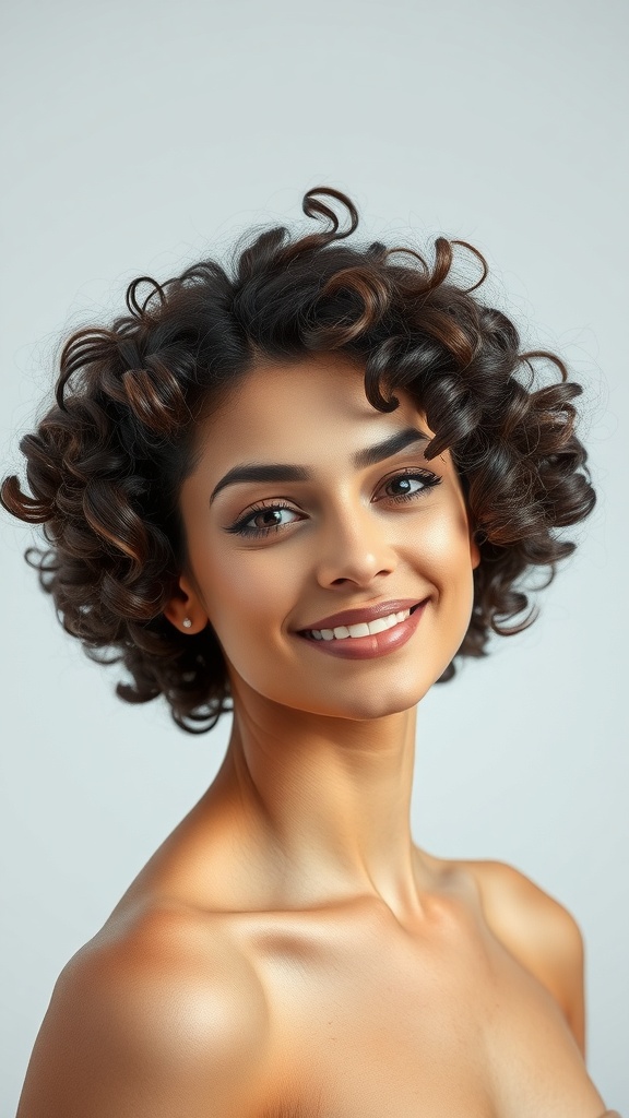 Brunette curly hairstyle with a side shave detail, showcasing bold and textured curls.