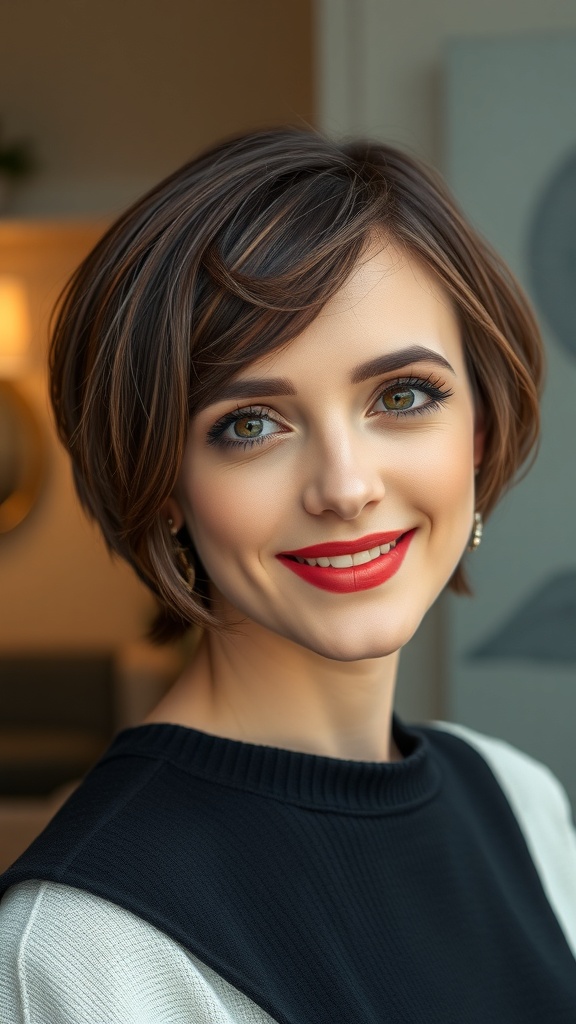 Brunette layered haircut with side bangs, showcasing a fresh and stylish look.