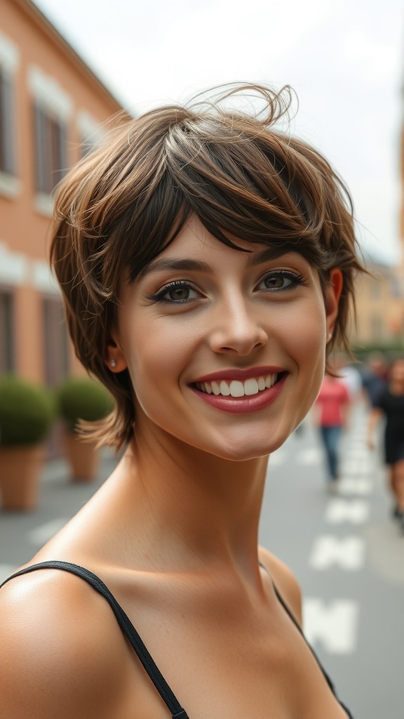 Brunette pixie haircut with undone texture, showcasing a stylish and playful look.