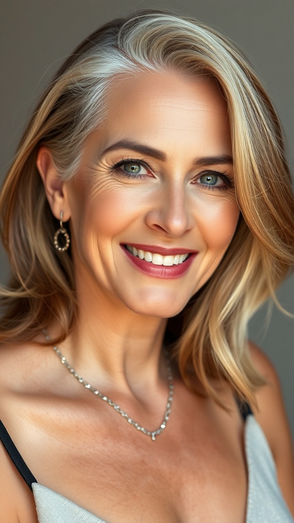A woman with shoulder-length hair transitioning from brunette to blonde, showcasing soft waves and a fresh, stylish look.