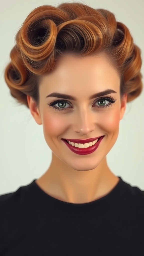 A woman with brushed-out roller curls, showcasing a vintage hairstyle with a glamorous look.