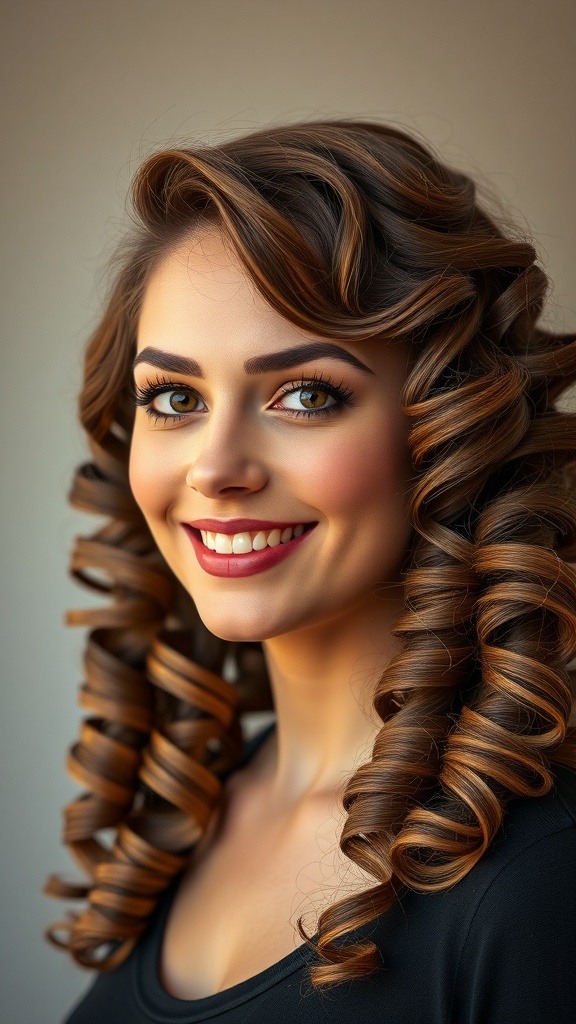 A woman with brushed spiral curls, showcasing vintage hairstyle with soft shape.