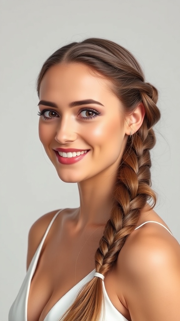 A model with a bubble braid hairstyle, showcasing soft volume and a playful look.